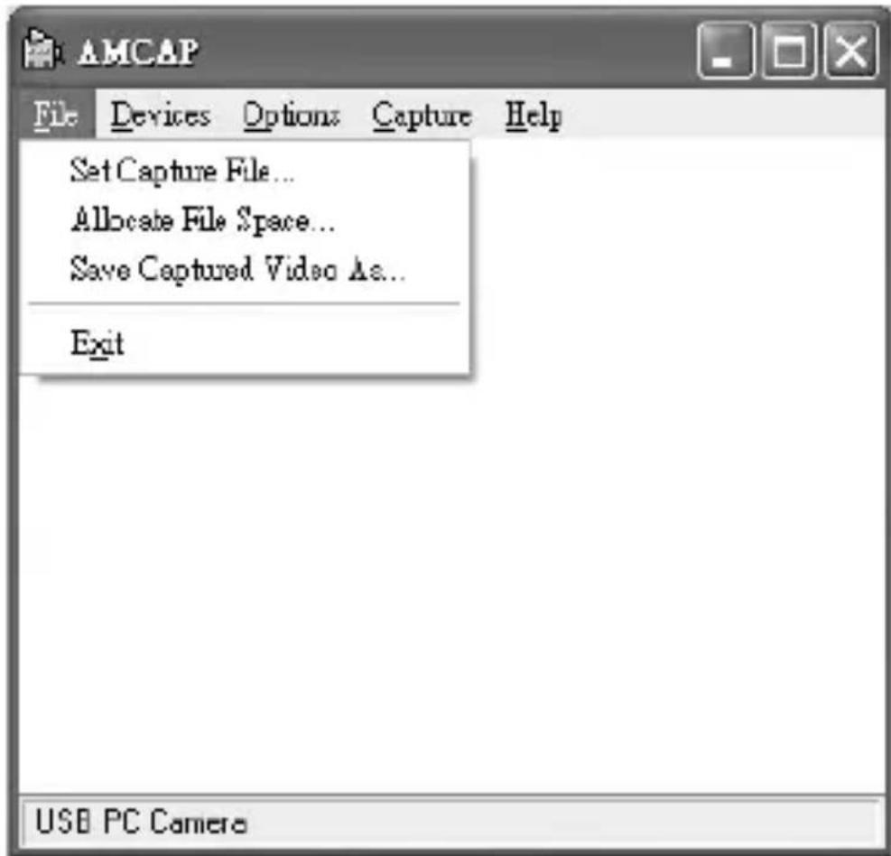AMCAP File Devices Options Capture Help Set Capture File... Allocate File Space... Save Captured Video As... Exit USB PC Camera