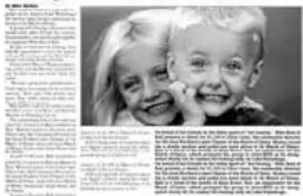 Scanned article text featuring two smiling children with accompanying photos and descriptive captions.