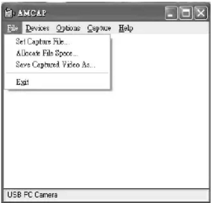 AMCAP File Devices Options Capture Help Set Capture File... Allocate File Space... Save Captured Video As... Exit USB PC Camera