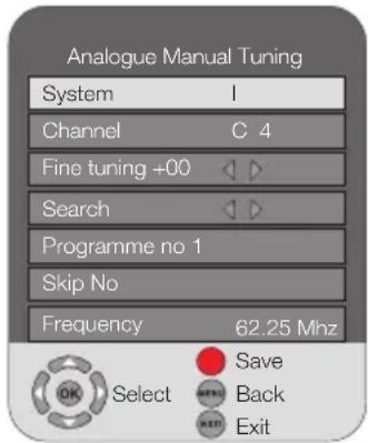 Analogue Manual Tuning System I Channel C 4 Fine tuning +00 Search Programme no 1 Skip No Frequency 62.25 Mhz OK Select Save Back Exit