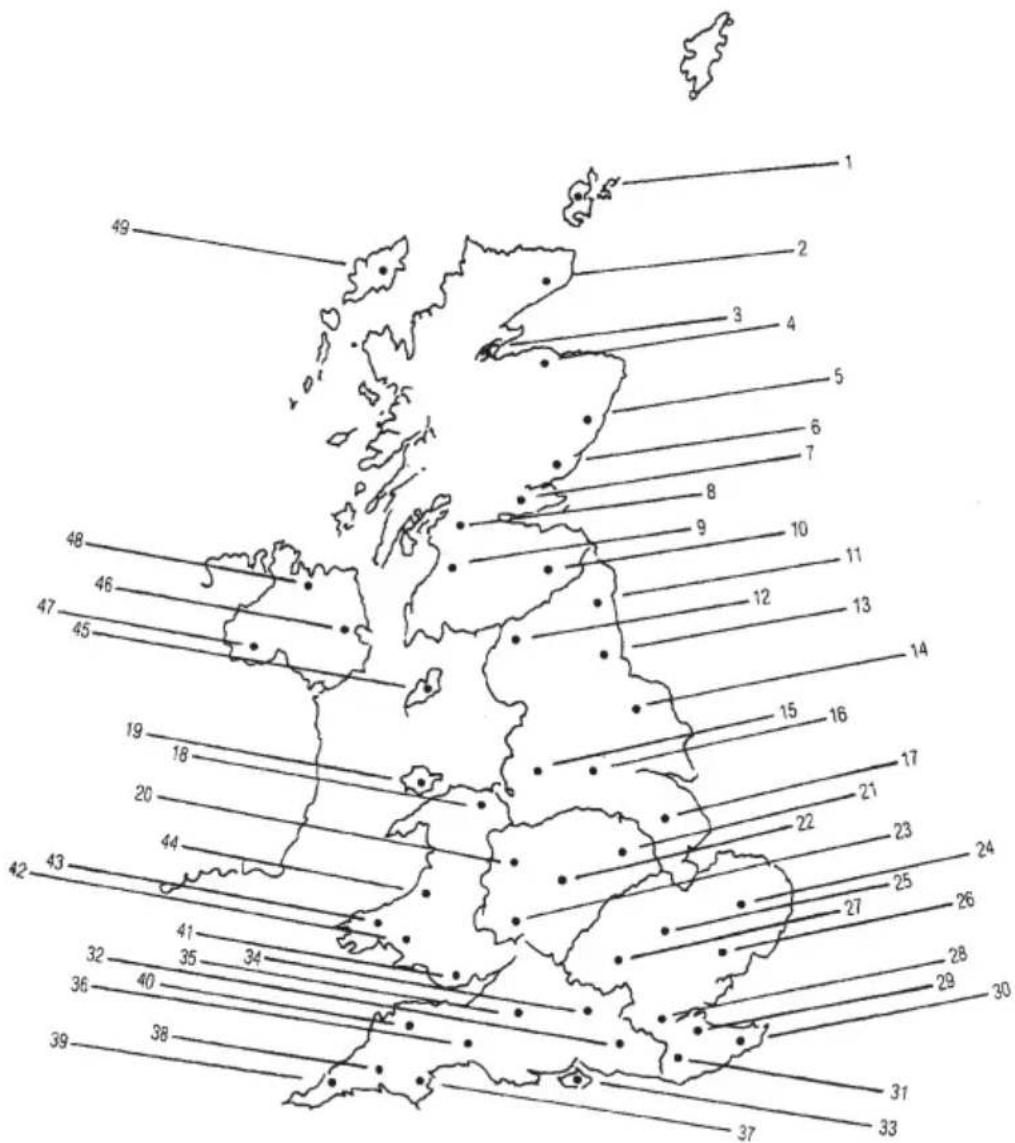 Map of Scotland with numbered regions and marked points, likely indicating locations or data points across the country.