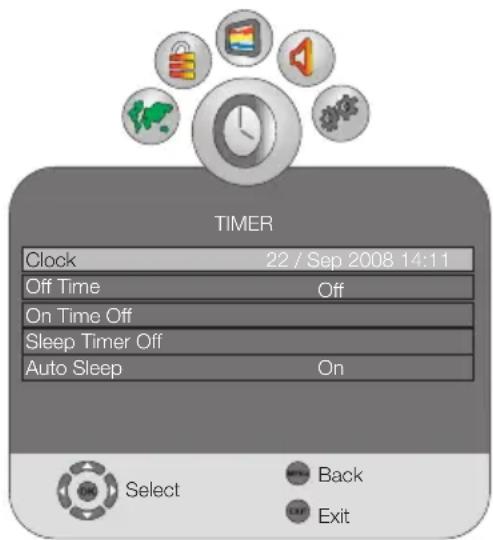 TIMER Clock 22 / Sep 2008 14:11 Off Time Off On Time Off Sleep Timer Off Auto Sleep On Select Back Exit