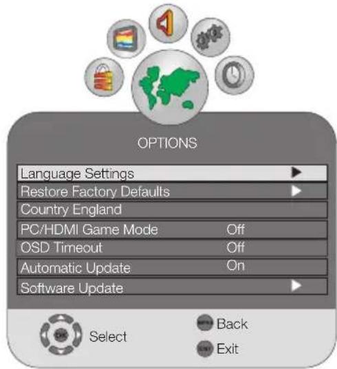 OPTIONS Language Settings Restore Factory Defaults Country England PC/HDMI Game Mode Off OSD Timeout Off Automatic Update On Software Update Select Back Exit