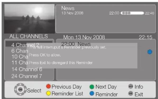 News 13 Nov 2008 22:00 22:40 ALL CHANNELS 4 Channel 2 This will interrupt a Reminder previously set. 6 Chan Press OK to allow. 10 Cha Press Exit to disregard this Reminder 11 Cha Press Exit to disregard this Reminder 14 Channel 6 24 Channel 7 Mon 13 Nov 2008 22:15 Previous Day Next Day Info Reminder List Reminder Exit