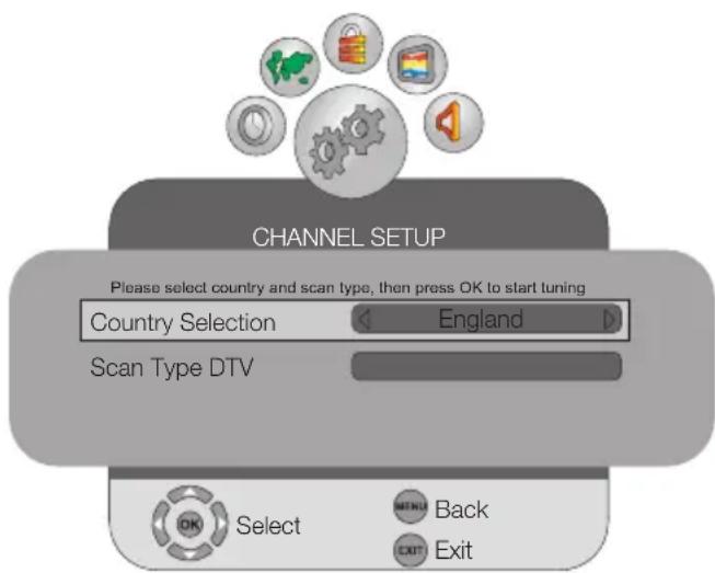CHANNEL SETUP Please select country and scan type, then press OK to start tuning Country Selection England Scan Type DTV OK Select MENU Back Exit