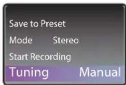 Save to Preset Mode Stereo Start Recording Tuning Manual