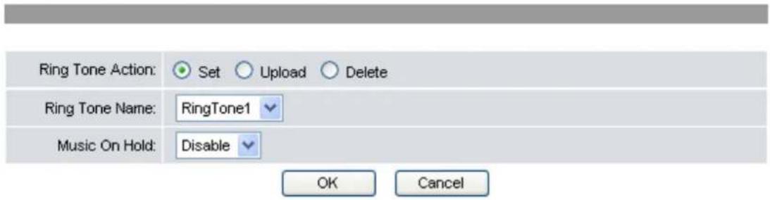 Ring Tone Action: Set Upload Delete Ring Tone Name: RingTone1 Music On Hold: Disable OK Cancel