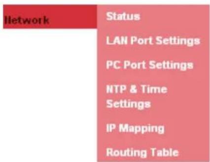 Network Status LAN Port Settings PC Port Settings NTP & Time Settings IP Mapping Routing Table