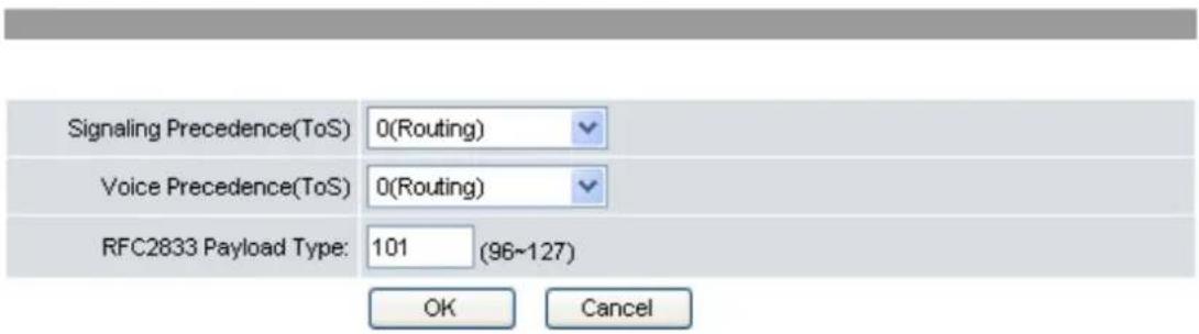 Signaling Precedence(ToS) 0(Routing) Voice Precedence(ToS) 0(Routing) RFC2833 Payload Type: 101 (96~127) OK Cancel
