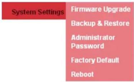 System Settings Firmware Upgrade Backup & Restore Administrator Password Factory Default Reboot