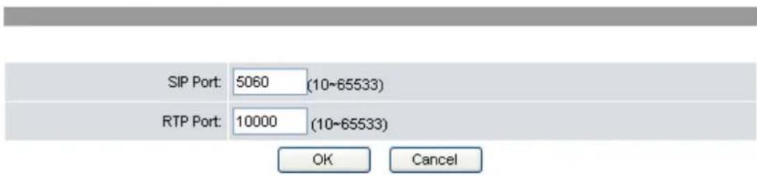 SIP Port: 5060 (10~65533) RTP Port: 10000 (10~65533) OK Cancel