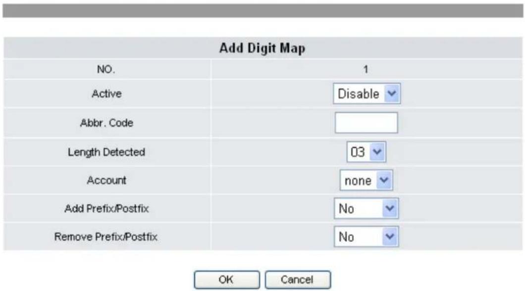 Add Digit Map NO. 1 Active Disable Abbr. Code Length Detected 03 Account None Add Prefix/Postfix No Remove Prefix/Postfix No OK Cancel