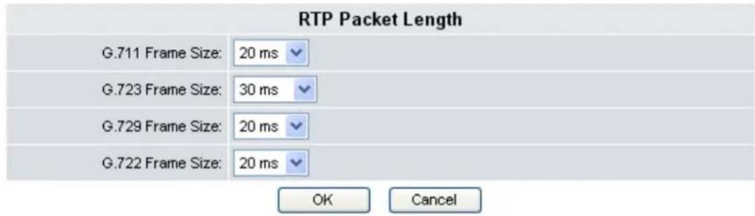 RTP Packet Length G.711 Frame Size: 20 ms G.723 Frame Size: 30 ms G.729 Frame Size: 20 ms G.722 Frame Size: 20 ms OK Cancel