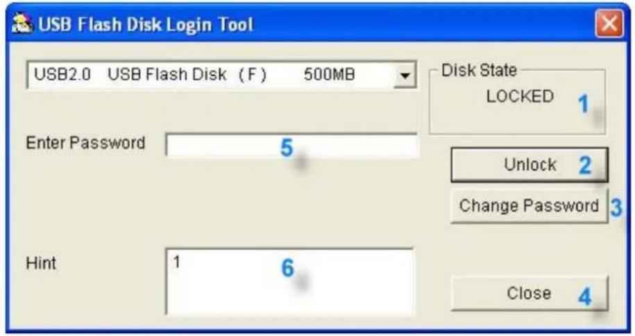 USB Flash Disk Login Tool USB2.0 USB Flash Disk (F) 500MB Disk State LOCKED 1 Enter Password 5 Unlock 2 Change Password 3 Hint 1 6 Close 4