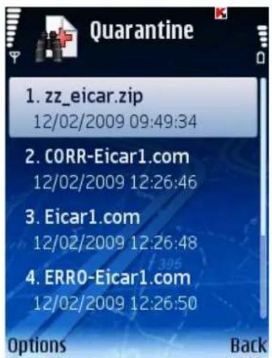 Quarantine 1. zz_eicar.zip 12/02/2009 09:49:34 2. CORR-Eicar1.com 12/02/2009 12:26:46 3. Eicar1.com 12/02/2009 12:26:48 4. ERRO-Eicar1.com 12/02/2009 12:26:50 Options Back