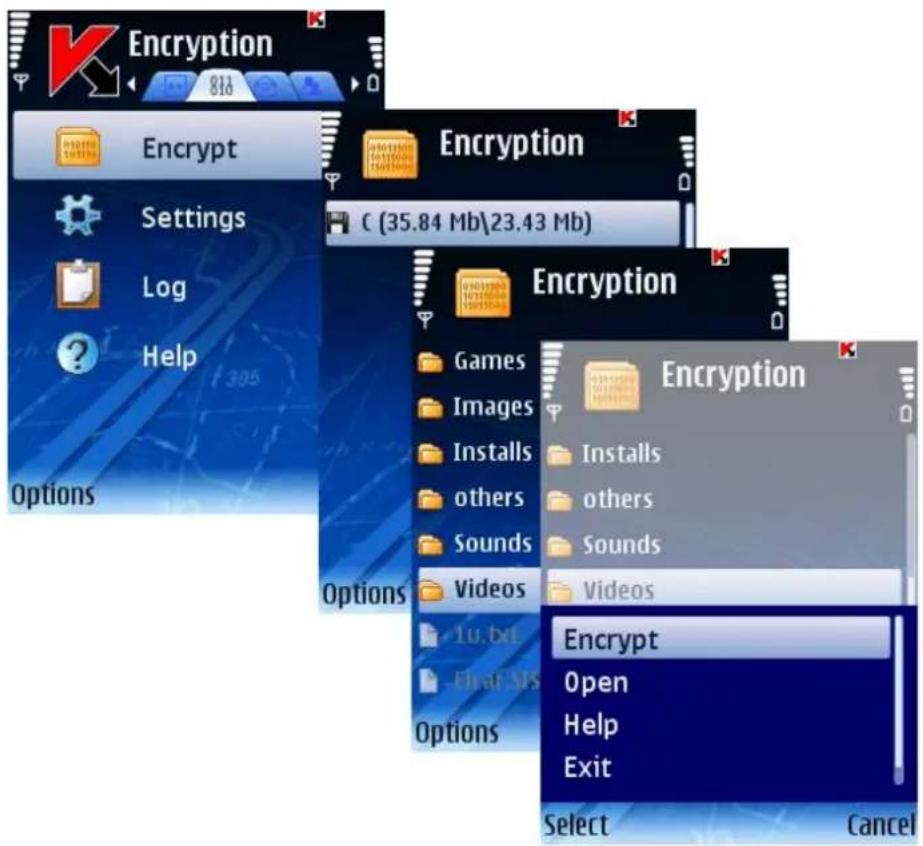 Encryption 816 Encrypt Settings Log Help Options Encryption C (35.84 Mb\23.43 Mb) Encryption Games Images Installs others Sounds Videos 1u.txt Final SIS Options Encryption Installs others Sounds Videos Encrypt Open Help Exit Select Cancel