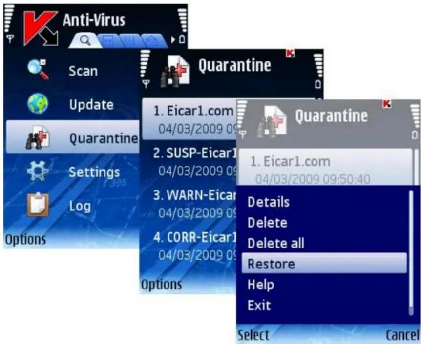 Anti-Virus Scan Update Quarantine Settings Log Options 1. Eicar1.com 04/03/2009 09:50:40 2. SUSP-Eicar1 04/03/2009 09:50:40 3. WARN-Eicar1 04/03/2009 09:50:40 4. CORR-Eicar1 04/03/2009 09:50:40 Options Quarantine 1. Eicar1.com 04/03/2009 09:50:40 Details Delete Delete all Restore Help Exit Select Cancel