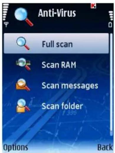 Anti-Virus Full scan Scan RAM Scan messages Scan folder Options Back