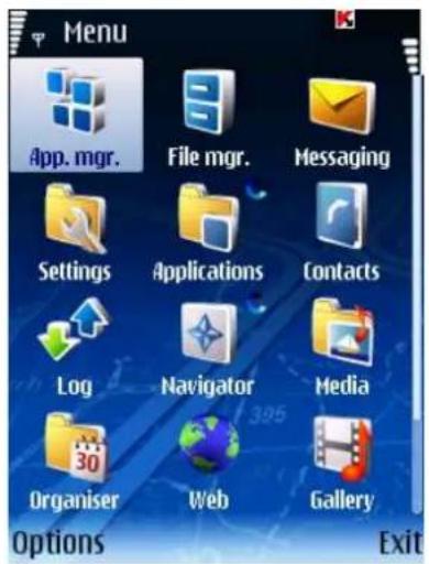 Menu App. mgr. File mgr. Messaging Settings Applications Contacts Log Navigator Media Organiser Web Gallery Options Exit