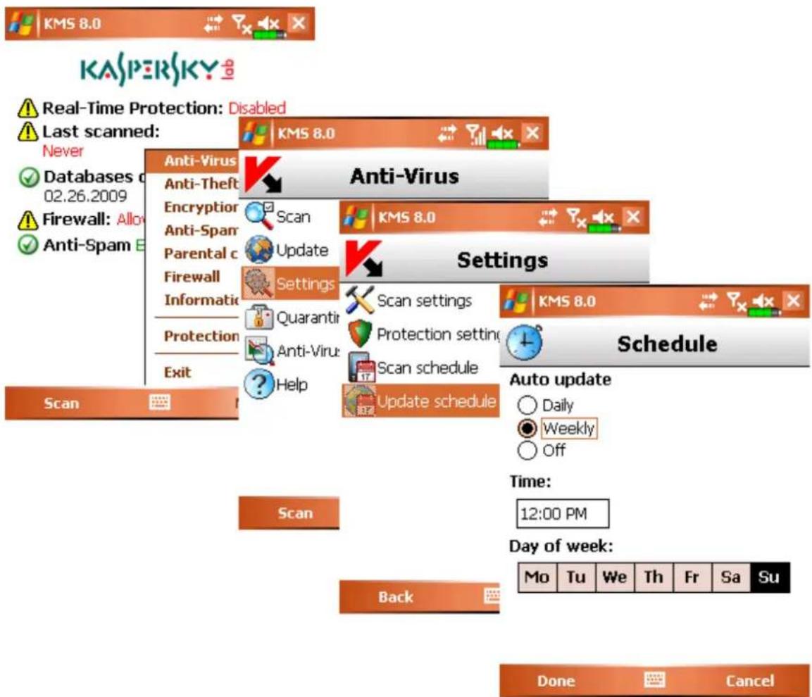 KASPERSKY Real-Time Protection: Disabled Last scanned: Never Databases c 02.26.2009 Firewall: Allo Anti-Spam E Anti-Virus Anti-Theft Encryptor Anti-Span Parental c Firewall Informatic Protection Exit Anti-Virus: Help Anti-Virus Scan Update Settings Quarantir Anti-Virus: Scan settings Protection setting Scan schedule Update schedule KMS 8.0 KMS 8.0 Settings KMS 8.0 Schedule Auto update Daily Weekly Off Time: 12:00 PM Day of week: Mo Tu We Th Fr Sa Su Back Done Cancel