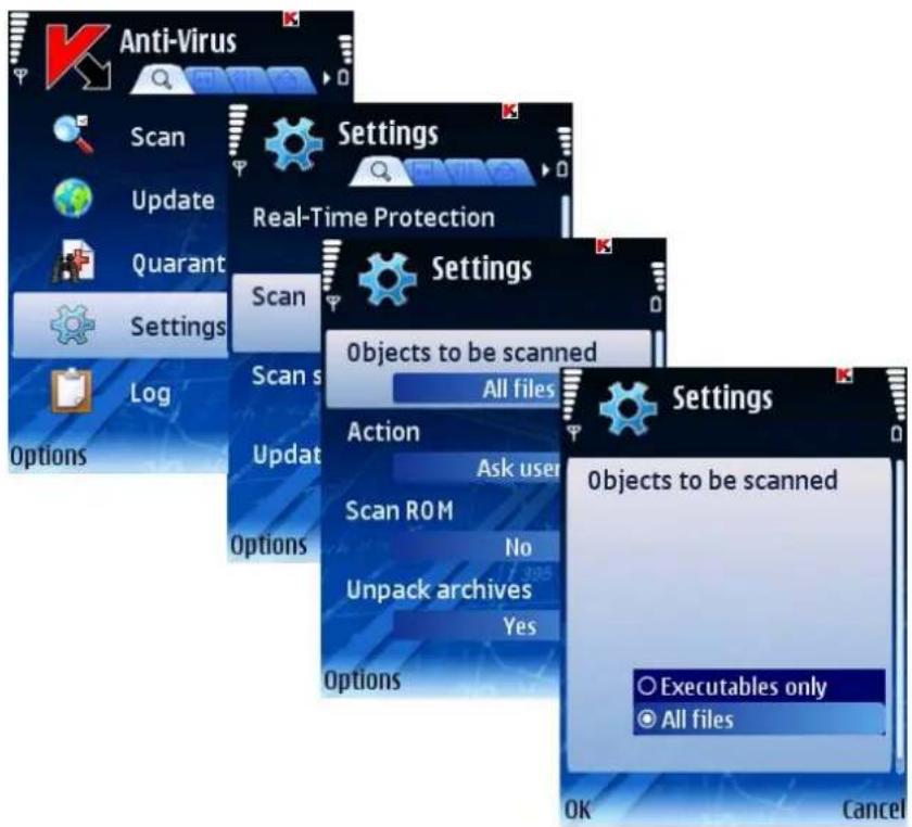 Anti-Virus Scan Update Quarant Settings Log Options Settings Real-Time Protection Scan Scan s Options Actions Ask user Scan ROM No Unpack archives Yes Options Settings 0 objects to be scanned All files 0 objects to be scanned Executables only All files OK Cancel