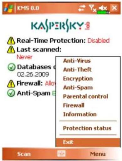 KASPERSKY Real-Time Protection: Disabled Last scanned: Never Databases d 02.26.2009 Firewall: Allow Anti-Spam E Anti-Virus Anti-Theft Encryption Anti-Spam Parental control Firewall Information Protection status Exit Scan Menu