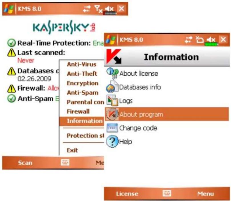 KASPERSKY Lab Real-Time Protection: Ena Last scanned: Never Databases d 02.26.2009 Firewall: Allow Anti-Spam E Anti-Virus Anti-Theft Encryption Anti-Spam Parental con Firewall Information Protection sl Exit Scan Me KMS 8.0 Information About license Databases info Logs About program Change code Help License Menu