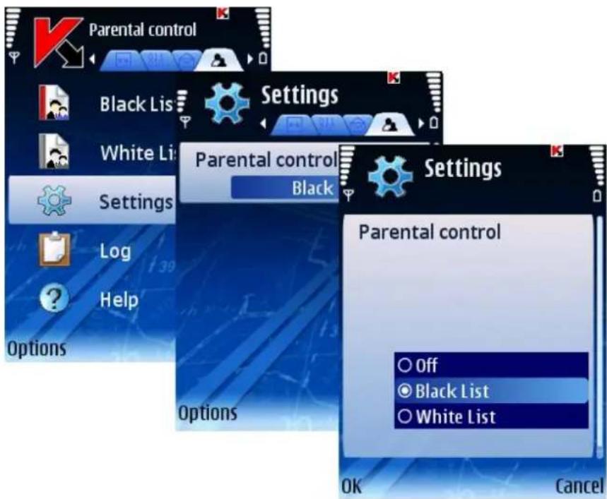 Parental control Black List Settings White List Settings Parental control Black Settings Log Help Options Options Parental control Off Black List White List OK Cancel