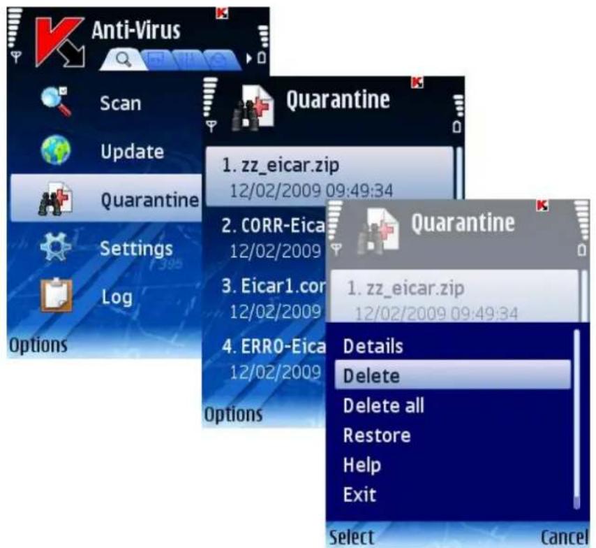 Anti-Virus Scan Update Quarantine Settings Log Options Quarantine 1. zz_eicar.zip 12/02/2009 09:49:34 2. CORR-Eica 12/02/2009 3. Eicar1.com 12/02/2009 4. ERRO-Eica 12/02/2009 Options Quarantine 1. zz_eicar.zip 12/02/2009 09:49:34 Details Delete Delete all Restore Help Exit Select Cancel