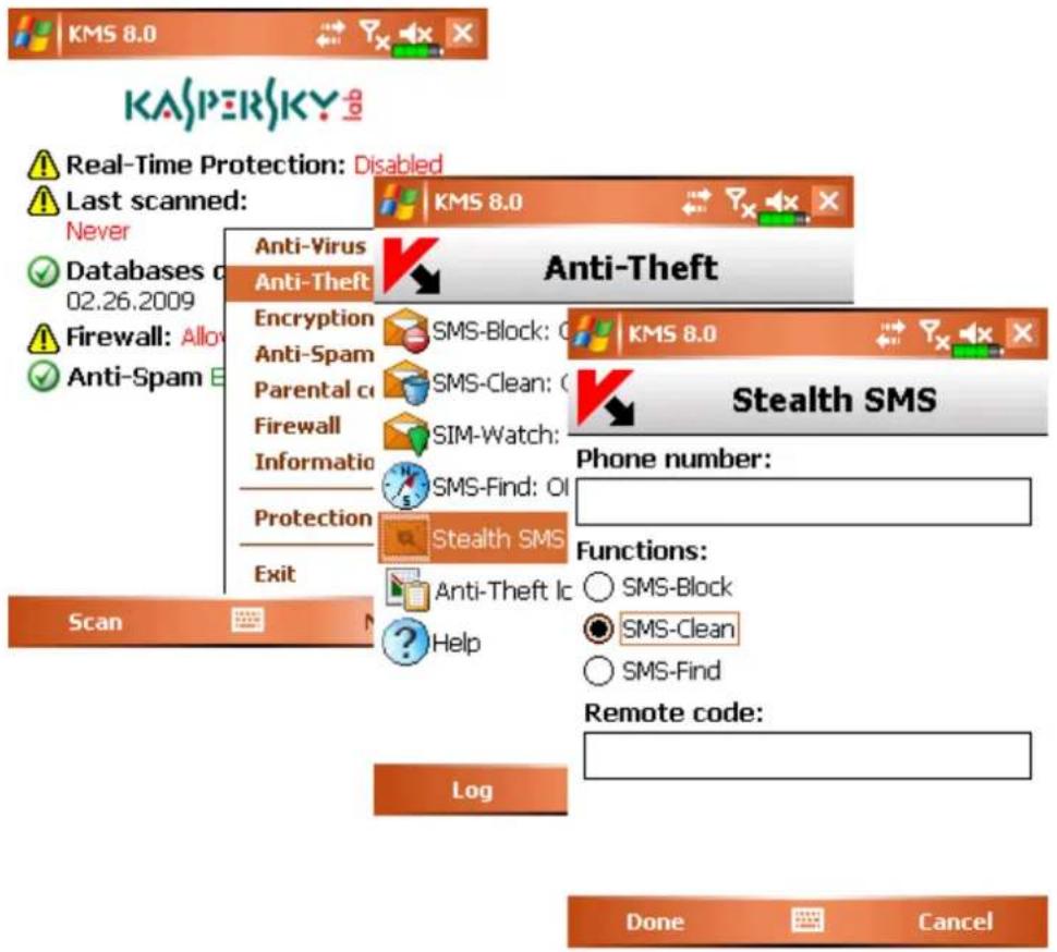 KASPERSKY KASPERSKY Lab Real-Time Protection: Disabled Last scanned: Never Databases d 02.26.2009 Firewall: Allo Anti-Spam E Anti-Virus Anti-Theft Encryption Anti-Spam Parental c Firewall Information Protection Exit Anti-Theft SMS-Block: C SMS-Clean: C SIM-Watch: SMS-Find: OI Stealth SMS Phone number: Functions: Anti-Theft Ic Help Remote code: Log Done Cancel
