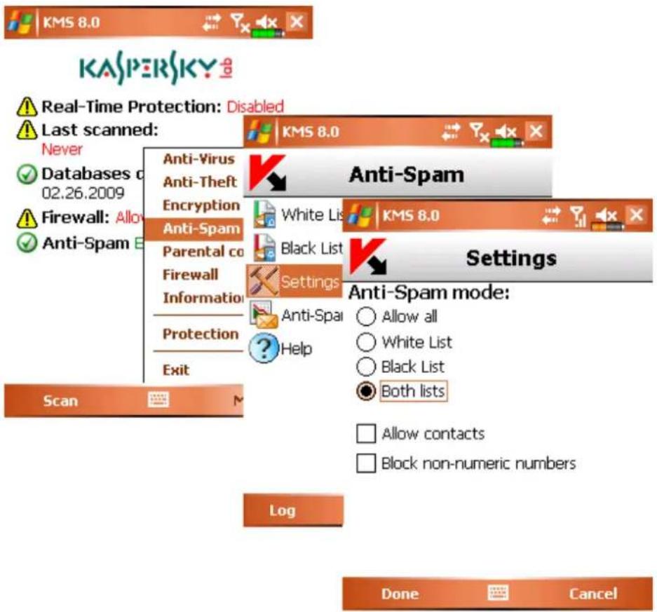 KASPERSKY Real-Time Protection: Disabled Last scanned: Never Databases c 02.26.2009 Firewall: All Anti-Spam Anti-Virus Anti-Theft Encryption Anti-Spam Parental co Firewall Information Protection Exit Anti-Spam Anti-Spam mode: Allow all White List Black List Both lists Log Done Cancel