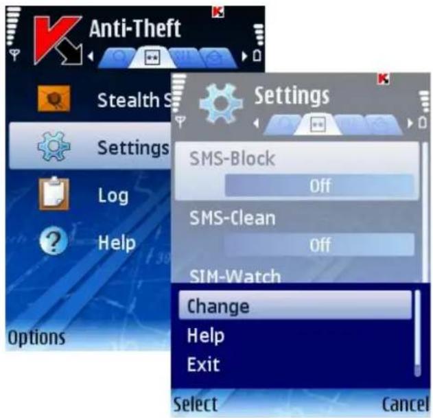 Anti-Theft Stealth S Settings Log Help Options Settings SMS-Block Off SMS-Clean Off SIM-Watch Change Help Exit Select Cancel