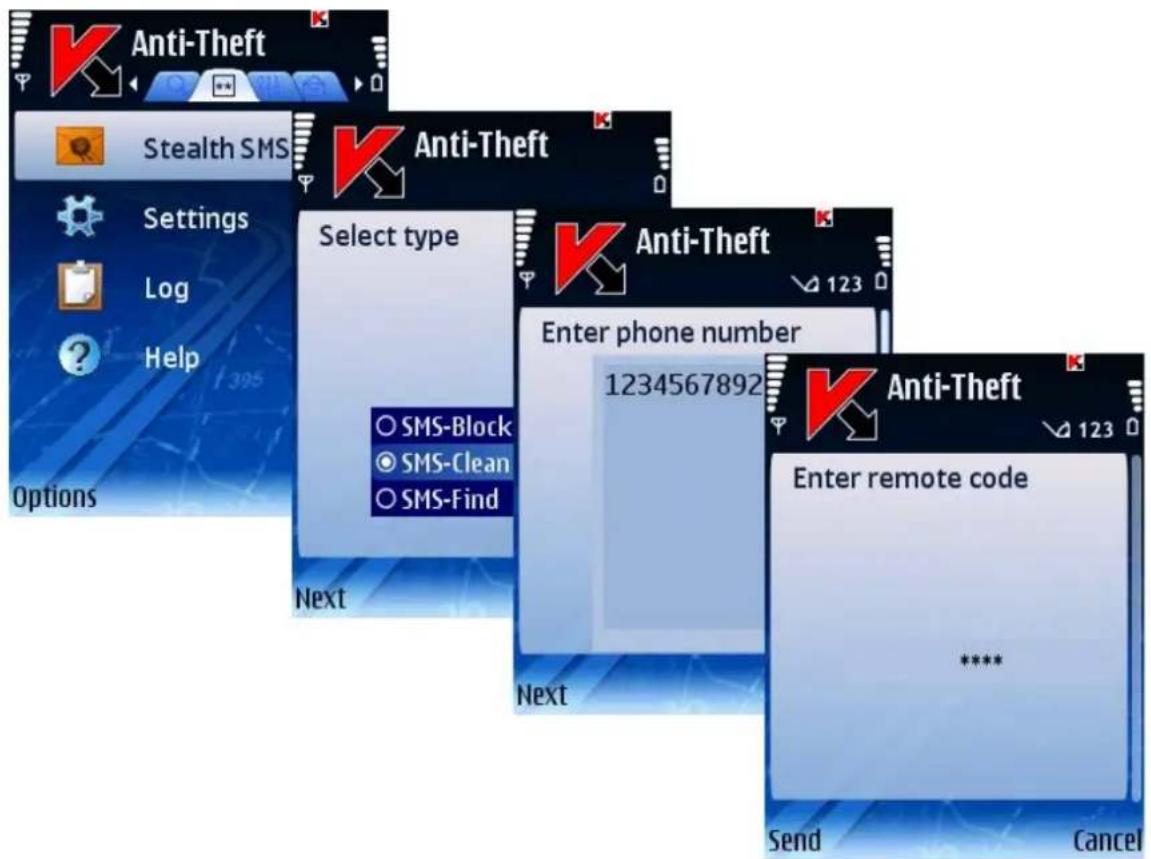 Anti-Theft Stealth SMS Settings Log Help Options Select type Anti-Theft Enter phone number 1234567892 Next Next Anti-Theft Enter remote code **** Send Cancel