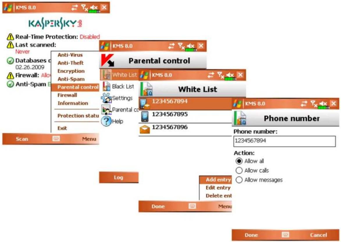 KASPERSKY Real-Time Protection: Disabled Last scanned: Never Databases d 02.26.2009 Firewall: Allo Anti-Spam Parental control Firewall Information Protection statu Exit Scan Menu KMS 8.0 Parental control White List Black List Settings Parental co Help 1234567894 1234567895 1234567896 White List KMS 8.0 Phone number: 1234567894 Log Add entry Edit entry Delete ent Done Menu Done Cancel