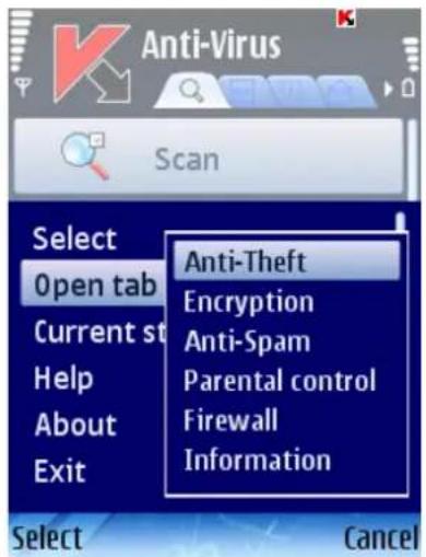 Anti-Virus Scan Select Open tab Current st Help About Exit Anti-Theft Encryption Anti-Spam Parental control Firewall Information Select Cancel