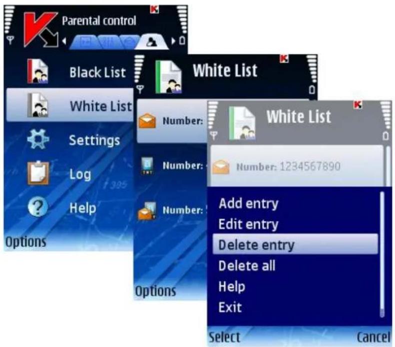 Parental control Black List White List Settings Log Help Options Number: White List Number: Number: Add entry Edit entry Delete entry Delete all Help Exit Options Select Cancel