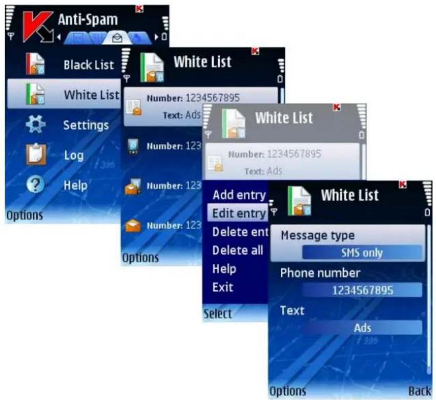Anti-Spam Black List White List Settings Log Help Options White List Number: 1234567895 Text: Ads Number: 123 Number: 123 Number: 123 Add entry Edit entry Delete ent Delete all Help Exit Select White List Message type SMS only Phone number 1234567895 Text Ads Options Back