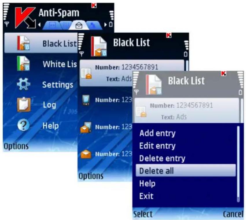 Anti-Spam Black List White Lis Settings Log Help Options Number: 1234567891 Text: Ads Number: 123 Number: 123 Number: 123 Options Black List Number: 1234567891 Text: Ads Add entry Edit entry Delete entry Delete all Help Exit Select Cancel