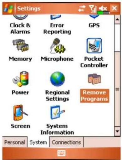 Settings Clock & Alarms Error Reporting GPS Memory Microphone Pocket Controller Power Regional Settings Remove Programs Screen System Information Personal System Connections