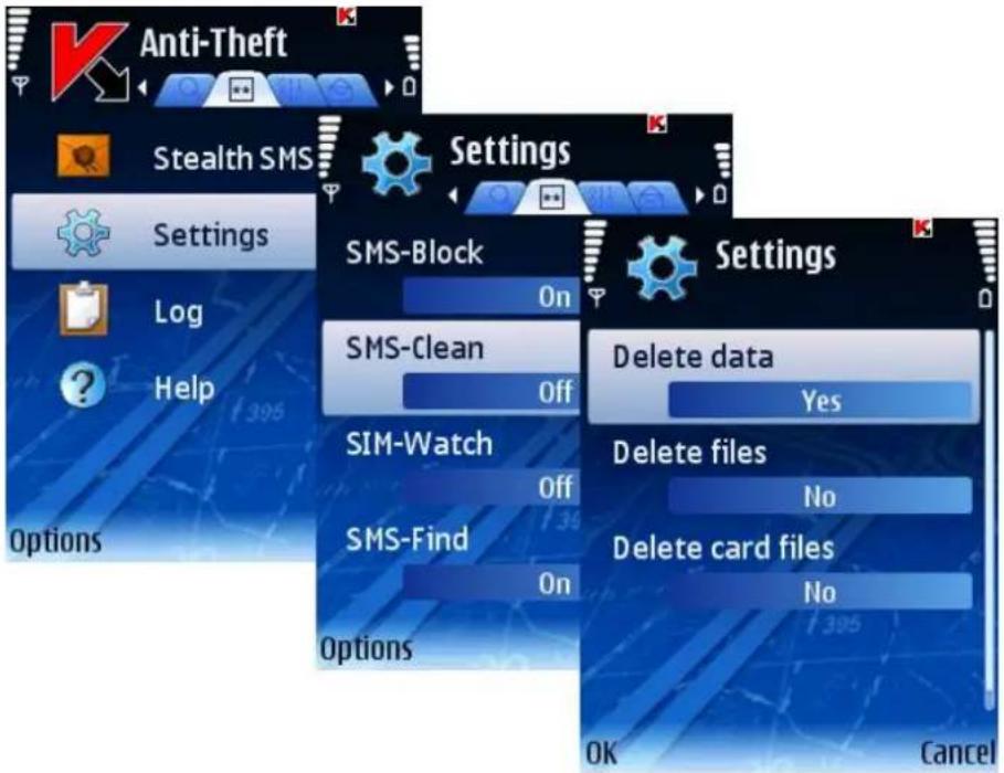 Anti-Theft Stealth SMS Settings Settings Log Help Options SMS-Block On SMS-Clean Off SIM-Watch Off SMS-Find On Options Settings Delete data Yes Delete files No Delete card files No OK Cancel