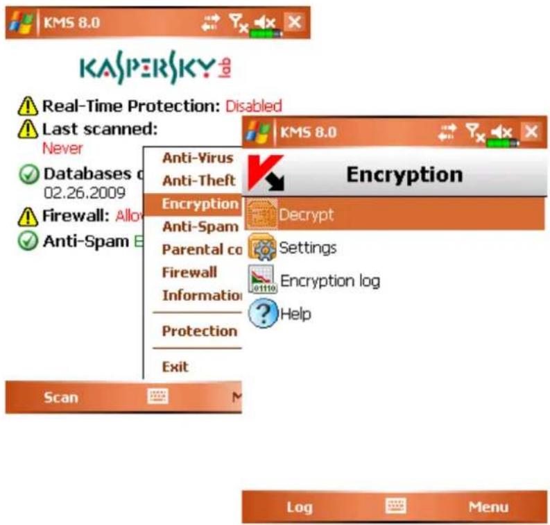 KASPERSKY Real-Time Protection: Disabled Last scanned: Never Databases d 02.26.2009 Firewall: Allo Anti-Spam E Anti-Virus Anti-Theft Encryption Anti-Spam Parental co Firewall Information Protection Exit KMS 8.0 Encryption Decrypt Settings Encryption log Help Scan Log Menu