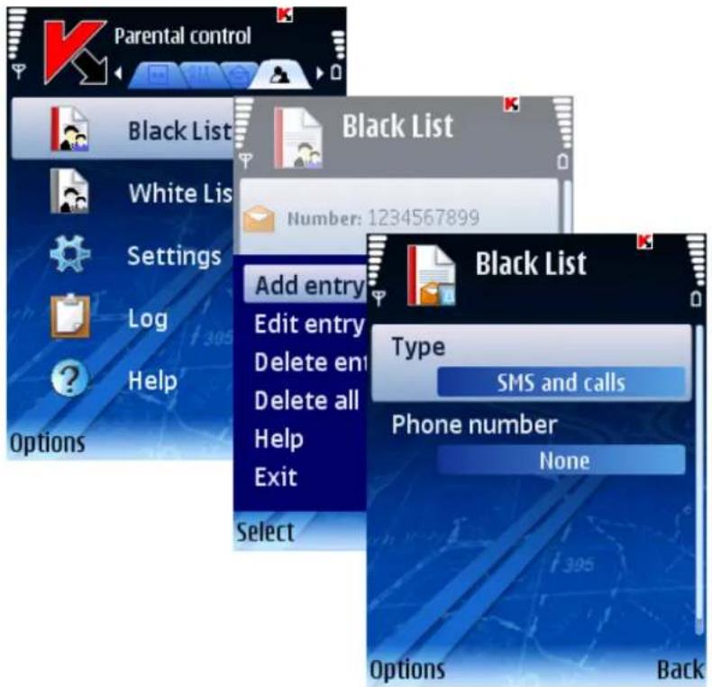 Parental control Black List White Lis Settings Log Help Options Add entry Edit entry Delete entry Delete all Help Exit Select Black List Type SMS and calls Phone number None Options Back