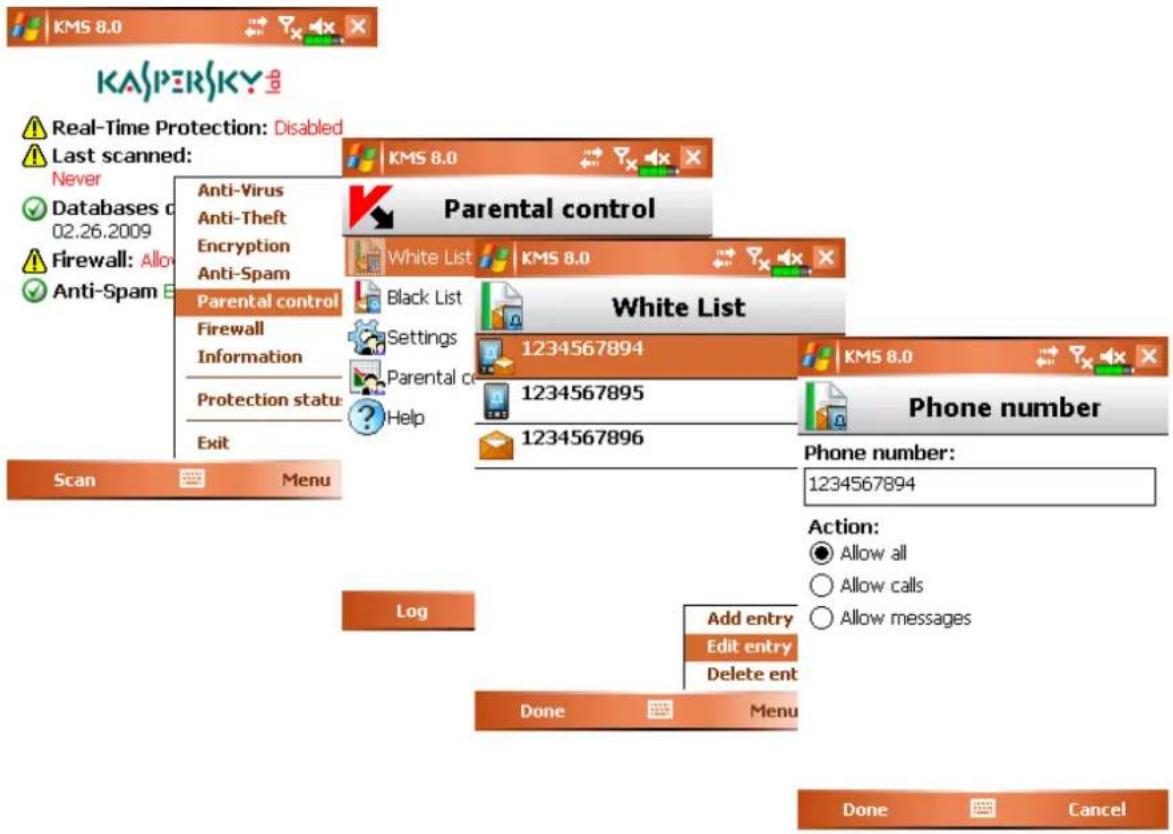 KASPERSKY Real-Time Protection: Disabled Last scanned: Never Databases d 02.26.2009 Firewall: Allo Anti-Spam E Anti-Virus Anti-Theft Encryption Anti-Spam Parental control Firewall Information Protection status Exit Scan Menu Parental control White List Black List Settings Parental c Help 1234567894 1234567895 1234567896 Phone number: 1234567894 Log Add entry Edit entry Delete ent Done Menu Done Cancel