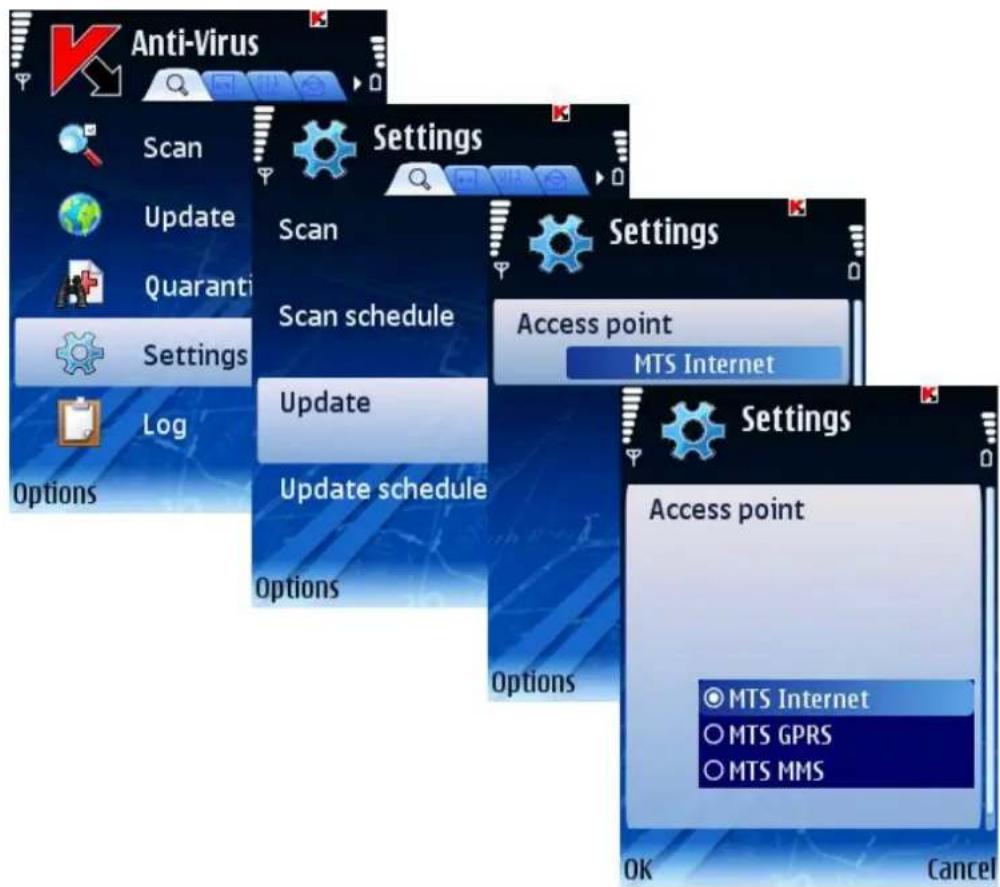 Anti-Virus Scan Update Quaranti Settings Log Options Settings Scan Scan schedule Update Update schedule Options Settings Access point MTS Internet Options Access point © MTS Internet © MTS GPRS © MTS MMS OK Cancel
