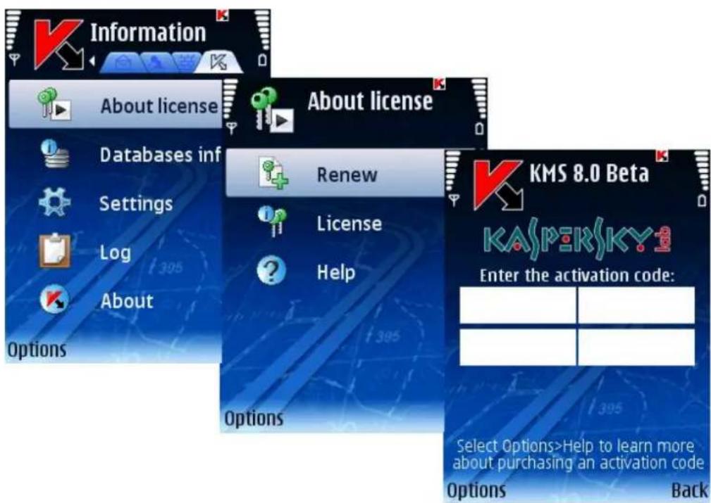Information About license Databases inf Settings Log About Options About license Renew License Help Options KMS 8.0 Beta KASPERSKY12 Enter the activation code: Select Options>Help to learn more about purchasing an activation code Options Back