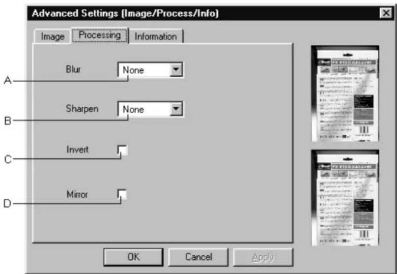 Advanced Settings (Image/Process/Info) Image Processing Information A Bur None B Sharpen None C Invert D Mirror OK Cancel Apply