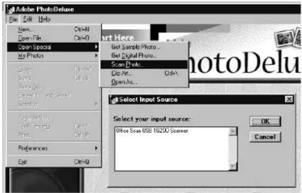 Adobe PhotoDeluxe File Edit Help New... Ctrl+N Open File... Ctrl+O Open Spots My Photos Open Save... Save As... Save As... Save As... Edit... Print... Print... Print... Edit... Ctrl+Q Get Sample Photo... Get Digital Photo... Scan Photo... Clip Art... Open As... Select Input Source Select your input source: Office Scan USE 19200 Scanner OK... Cancel