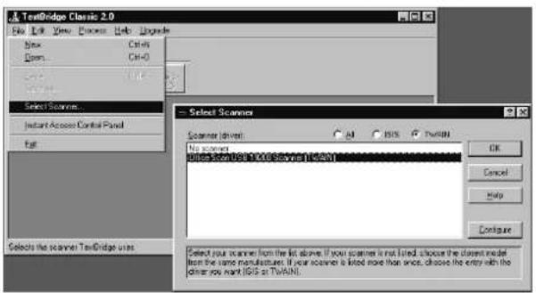 TestBridge Classic 2.0 File Edit View Insert Help Upgrade Snx Ctrl+1 Open Ctrl+0 Select Scanner... Instant Access Control Panel Fgt Select Scanner Scanner drive: No scanners Snx-Scan USB 10.00 Server (SnX) OK Cancel Help Configure Select your scanner from the list alone. If your scanner is not listed, choose the client model from the same manufacturer. If your scanner is listed more than once, choose the entry with the other you want (USB or TVLAN).