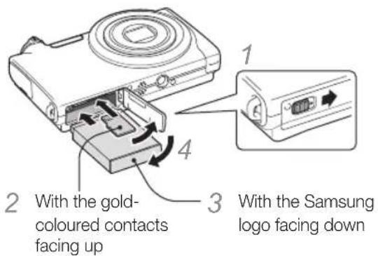 1 2 With the gold- coloured contacts facing up 3 With the Samsung logo facing down 4