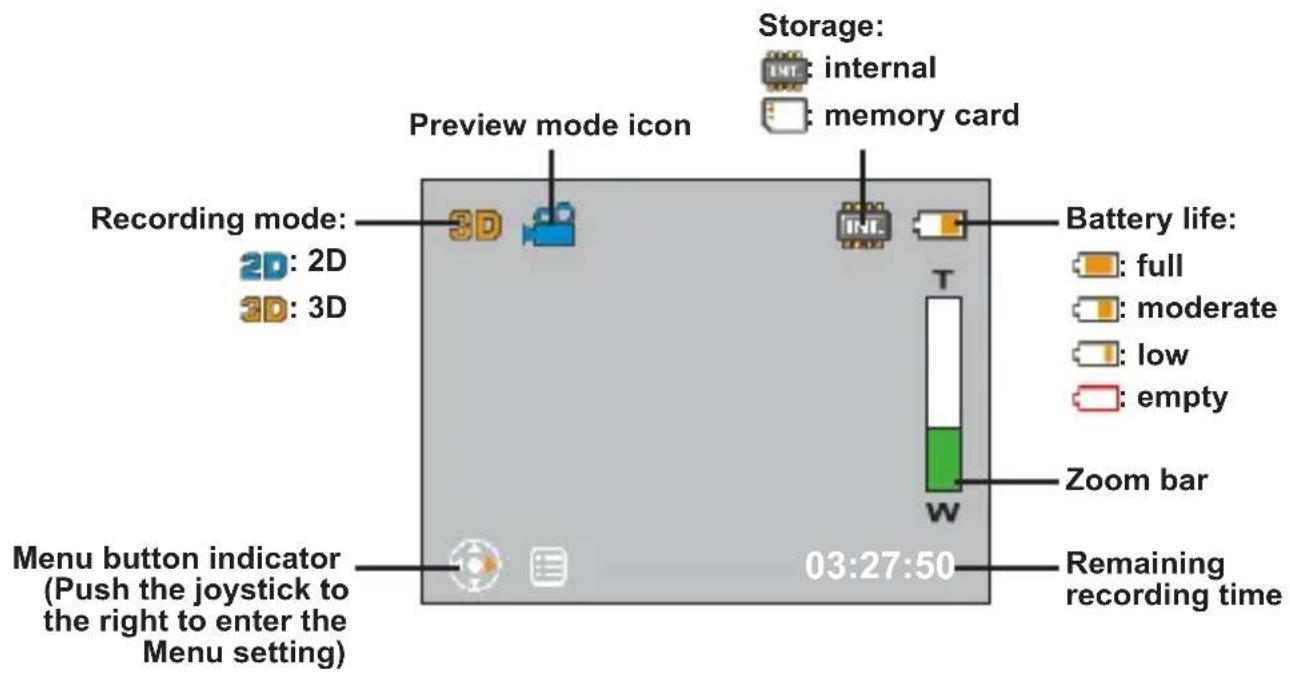 Storage: internal memory card Preview mode icon Recording mode: 3D 2D: 2D 3D: 3D Battery life: full moderate low empty Recording mode: T Zoom bar W 03:27:50 Remaining recording time Menu button indicator (Push the joystick to the right to enter the Menu setting)